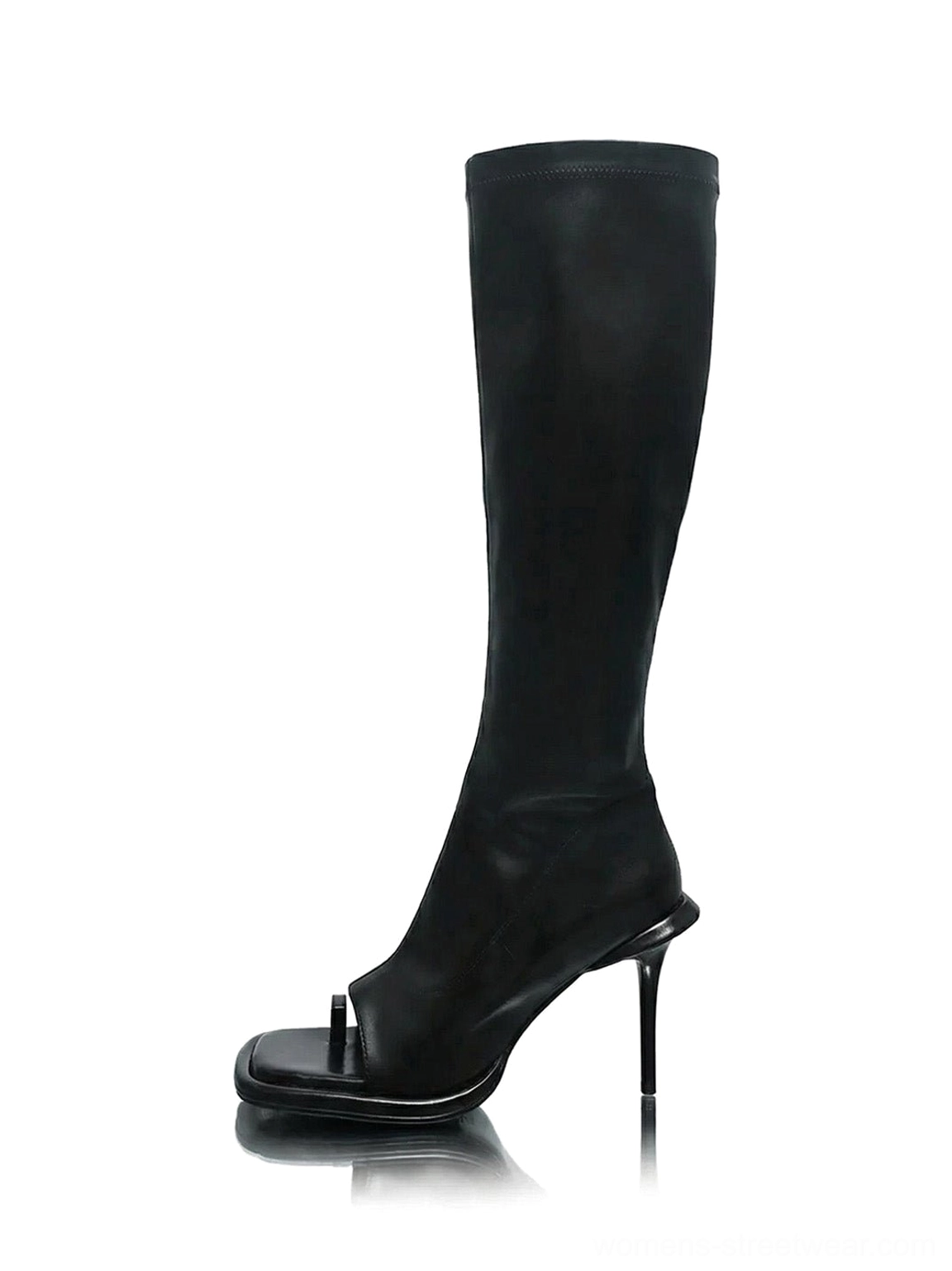 Black peep toe stretch stiletto knee high boots for women shown in left side studio view