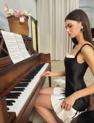 Black fitted piano keys mini dress shown in side profile with white ruffle neckline and graphic pleated skirt beside a vintage upright piano