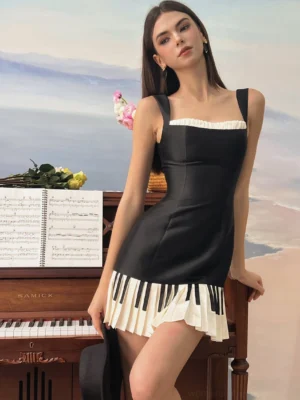 Black piano keys mini dress shown from the front three-quarter view with fitted bodice white ruffled square neckline and pleated piano key hem beside a piano