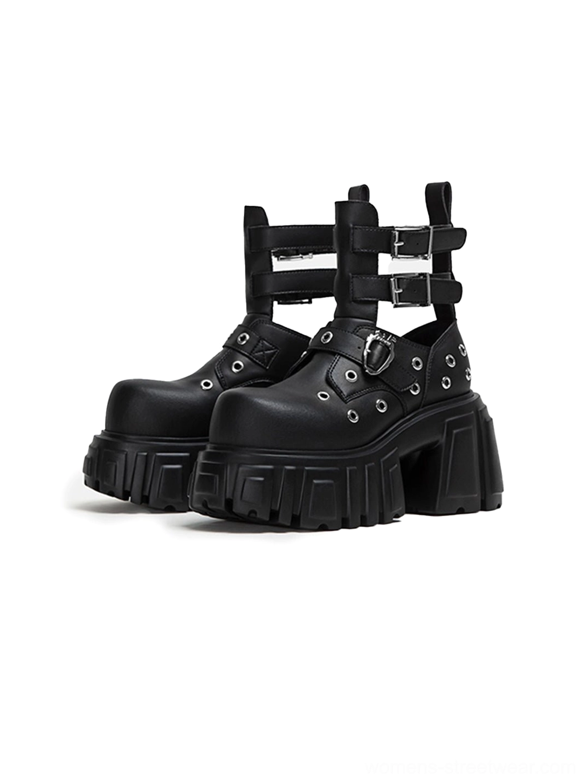 Front product view of matching black platform ankle boots with multiple straps heart-shaped buckles metal eyelets and thick lug soles