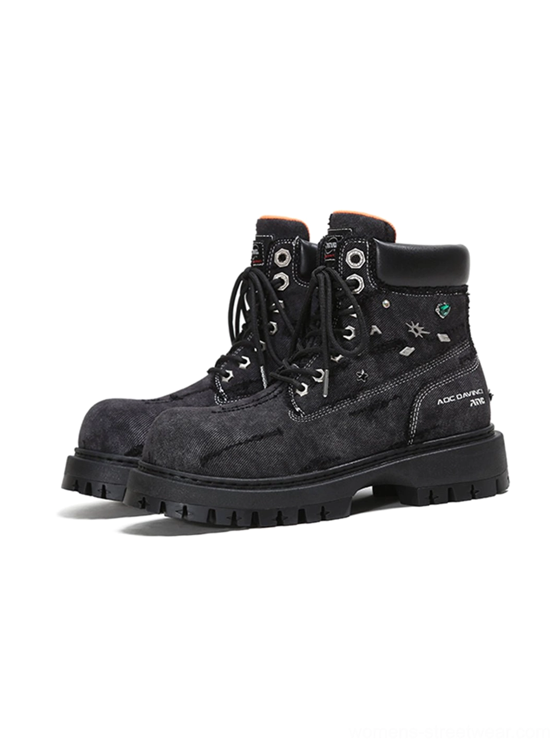 Black platform combat boots with bold proportions and utilitarian lug outsole for cargo pants denim and layered outfits