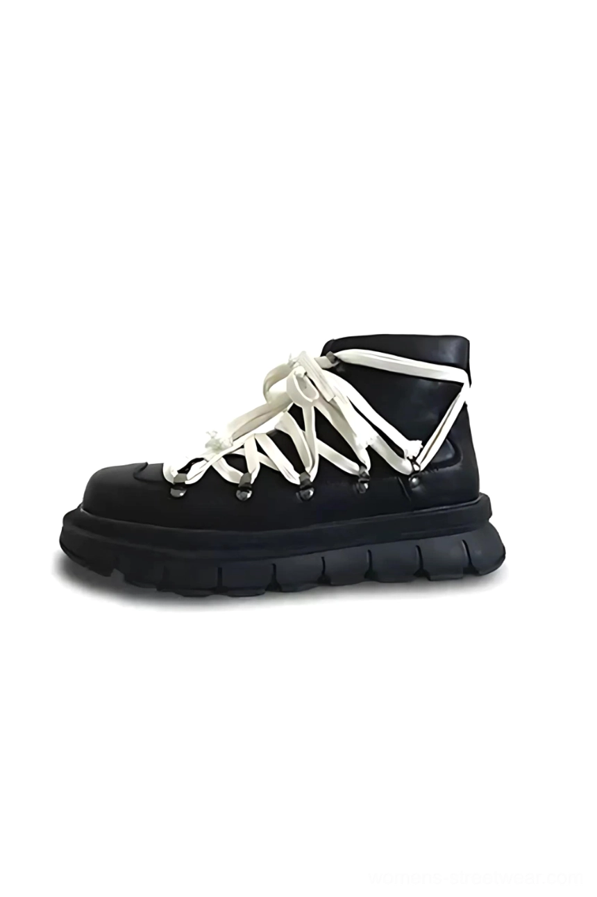 Black platform hiking combat boot shown from the left side with smooth cowhide upper, off-white flat laces, chunky lugged rubber sole, and elevated streetwear silhouette