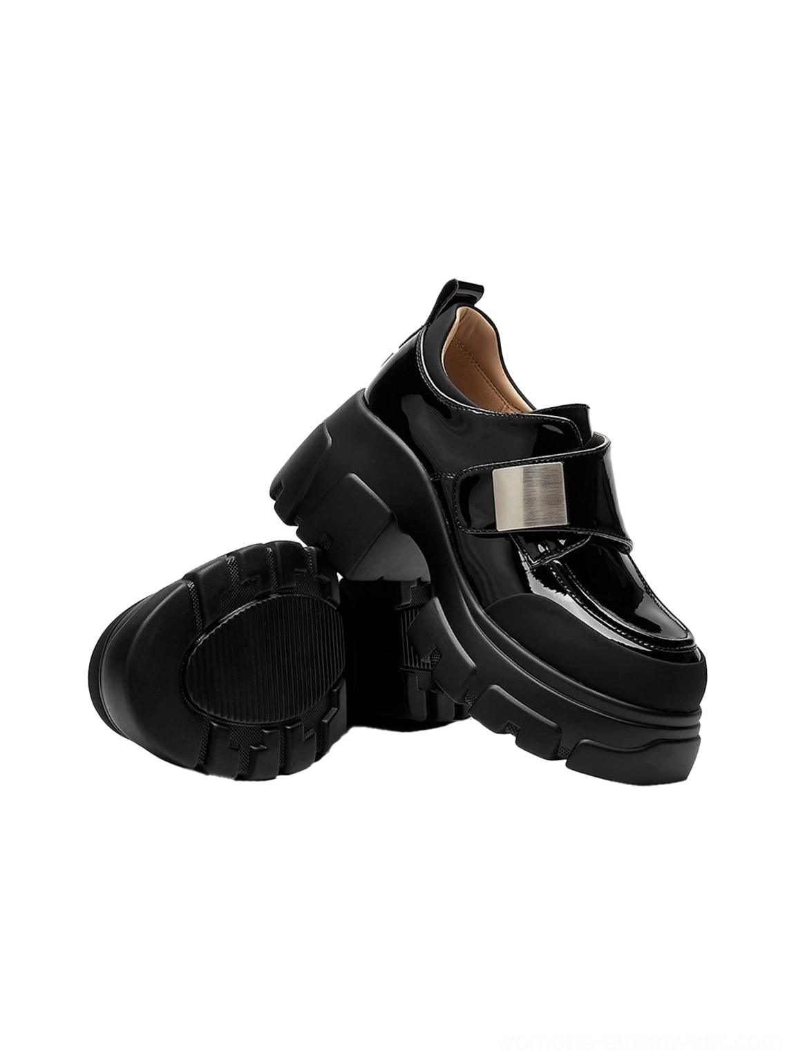 Black platform Mary Jane shoes displayed from multiple angles with patent upper, silver strap hardware, and lug sole
