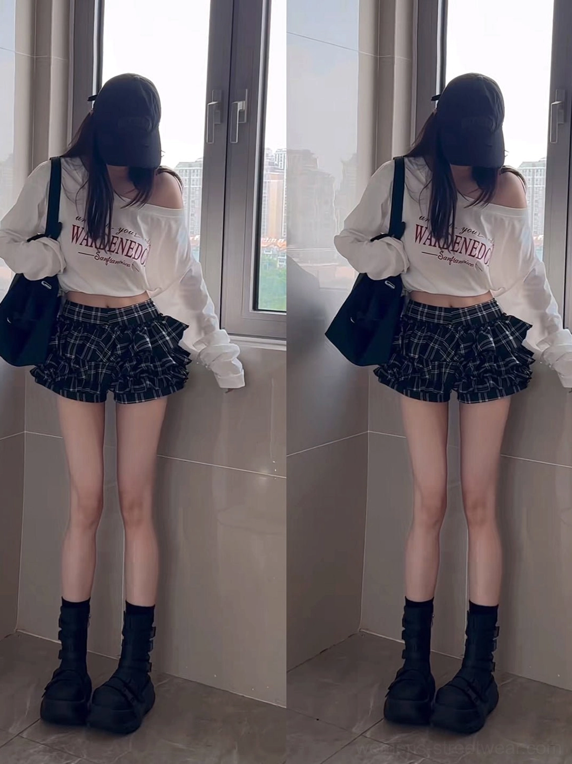 Rear view of black platform moto boots styled with plaid shorts, an off-shoulder top, and a casual alternative streetwear outfit