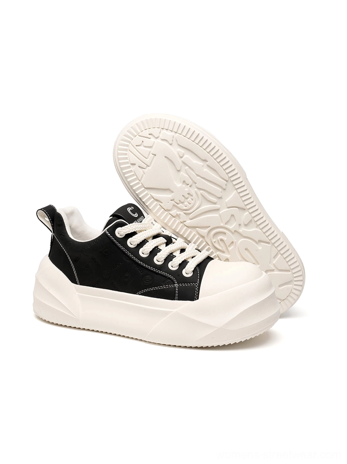 Top and outsole view of black platform skate sneakers with patterned geometric white rubber sole