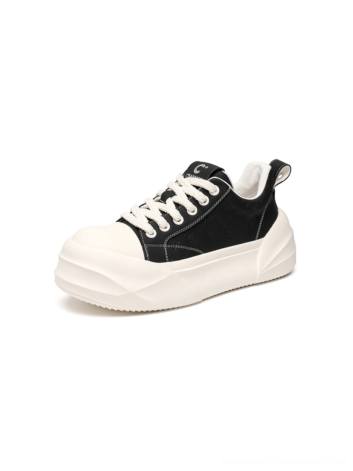 Black platform skate sneakers with geometric white sole streetwear sneaker product view