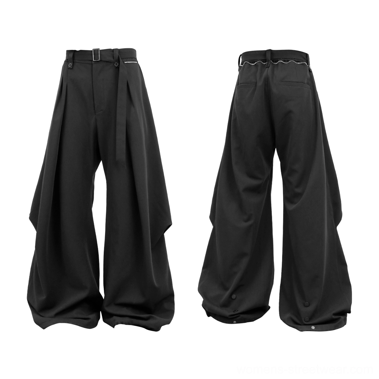 Flat lay of black pleated balloon wide-leg streetwear pants showing the front and back silhouette, high waist, oversized legs, side zipper pockets, and tailored construction