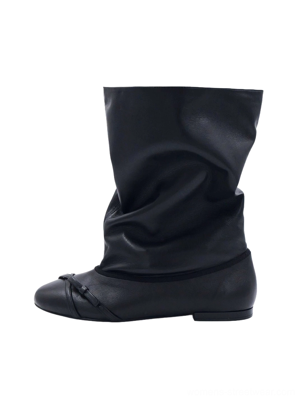Black pleated foldover mid-calf boots with rounded toe, subtle bow detail, slouchy shaft, and low heel shown on a white background