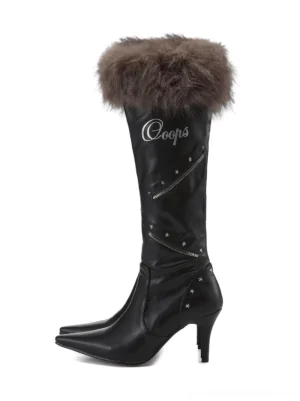 Plush fur cuff pointed-toe stiletto knee-high boots black microfiber side profile display with star studs and designer lettering