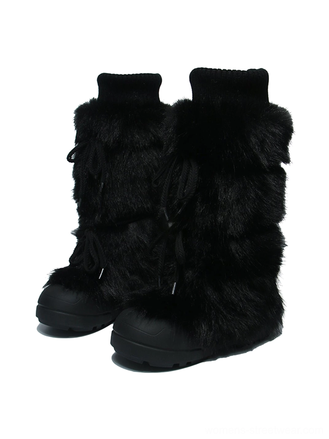 Black plush-lined tall platform boots with statement shaft and chunky raised sole