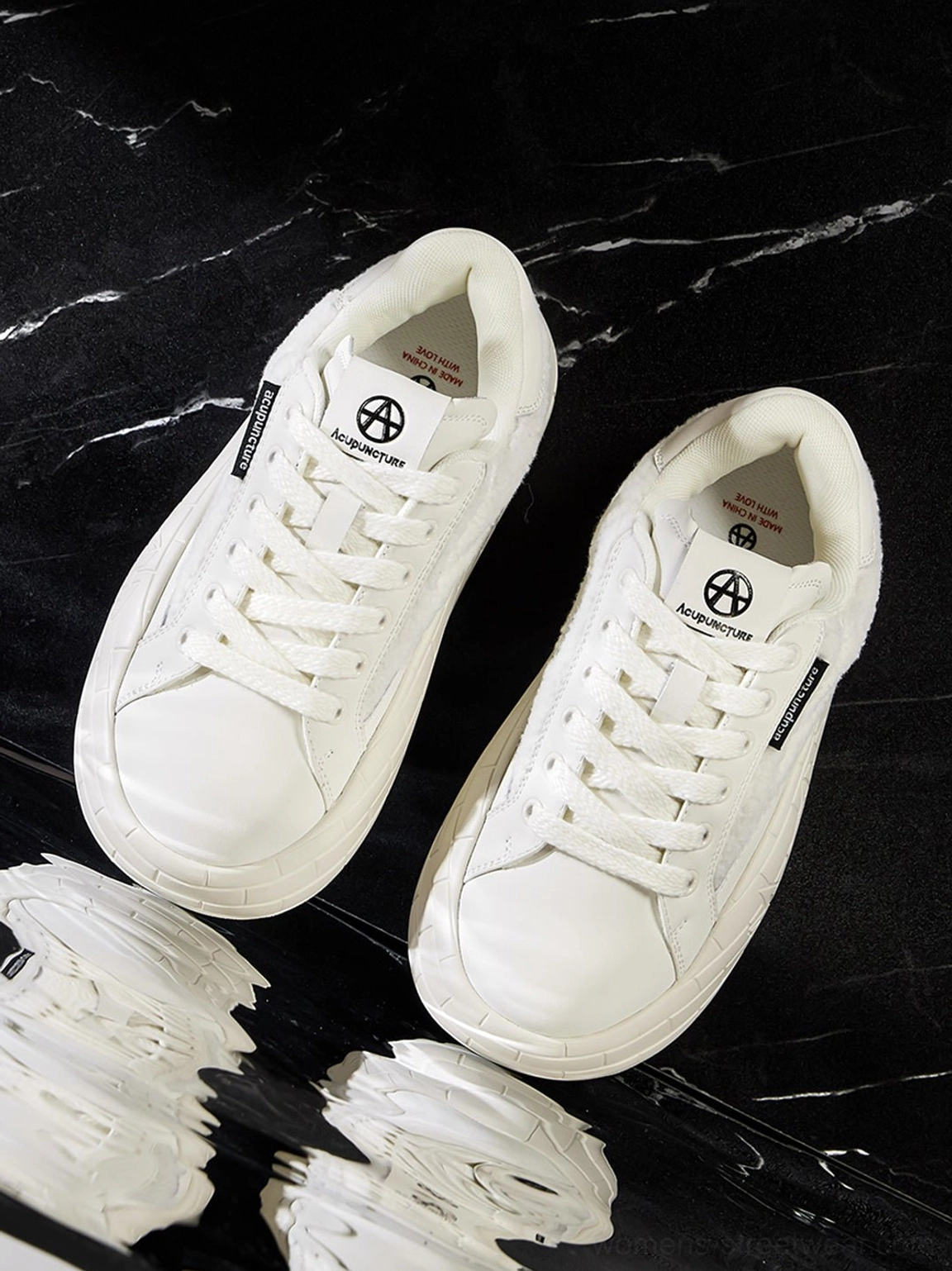 Black plush-panel platform sneakers designed for Korean fashion, Seoul streetwear, and everyday styling