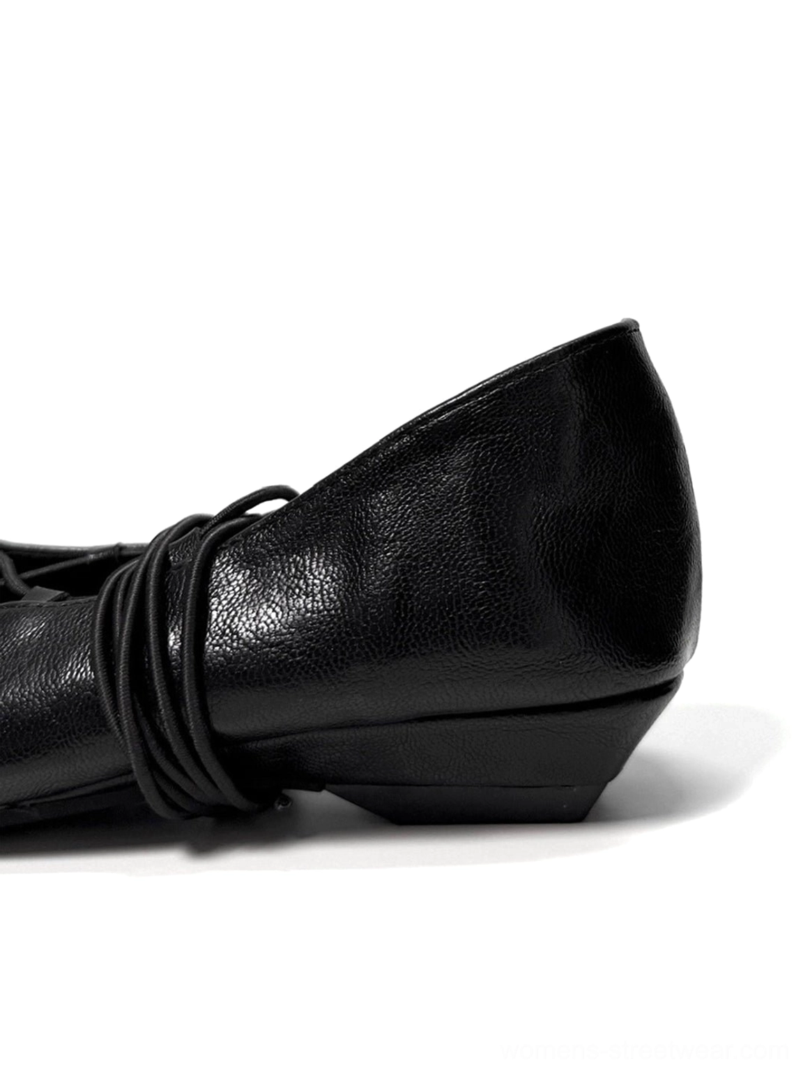Black pointed square toe lace-up ballet flats with wraparound Mary Jane straps, smooth synthetic upper, and minimalist streetwear styling