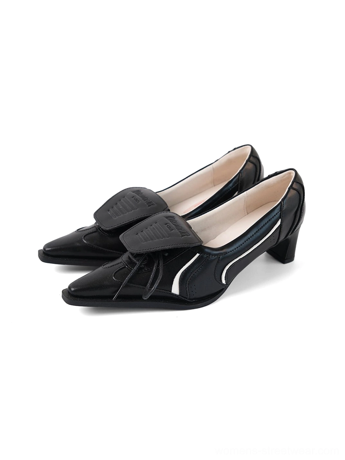 Black pointed-toe leather-look low block heel pumps with removable lace flap for women's streetwear
