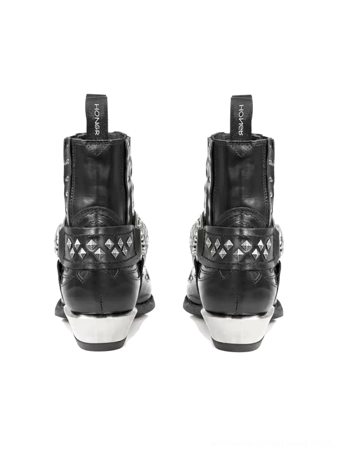 Rear view of black pointed-toe western Chelsea boots with studded heel collars silver heel caps and pull tabs