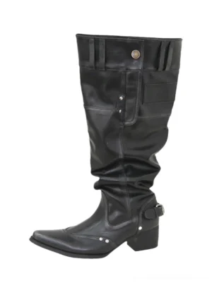 Black pointed-toe wide-calf block-heel mid-calf boots shown from the side with buckle and stud details