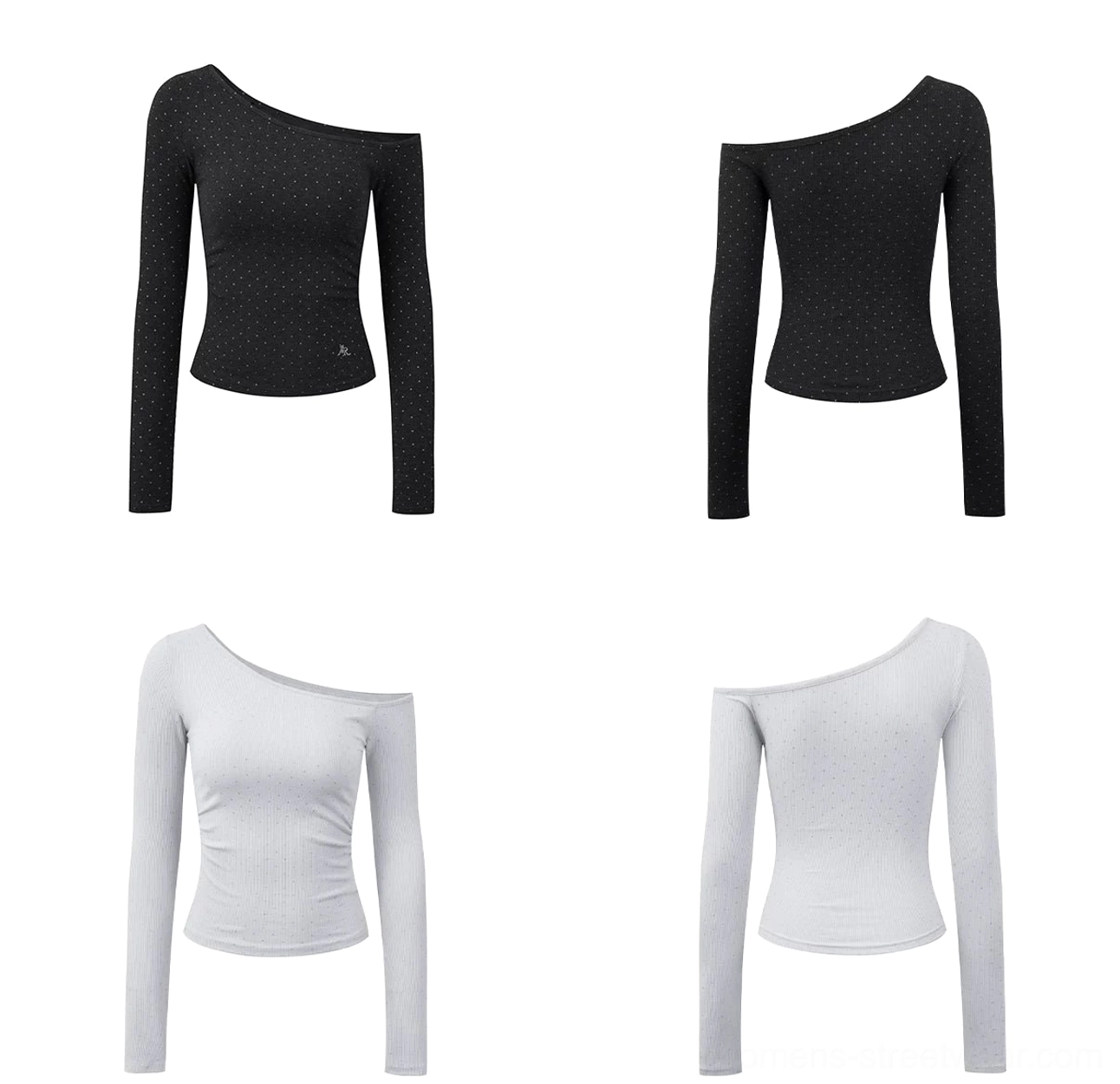 Flat lay of black polka dot asymmetric off-shoulder ruched fitted long-sleeve streetwear top