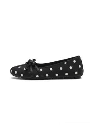 Black polka dot bow Mary Jane ballet flat shown from a top-down view with a rounded toe and delicate front bow