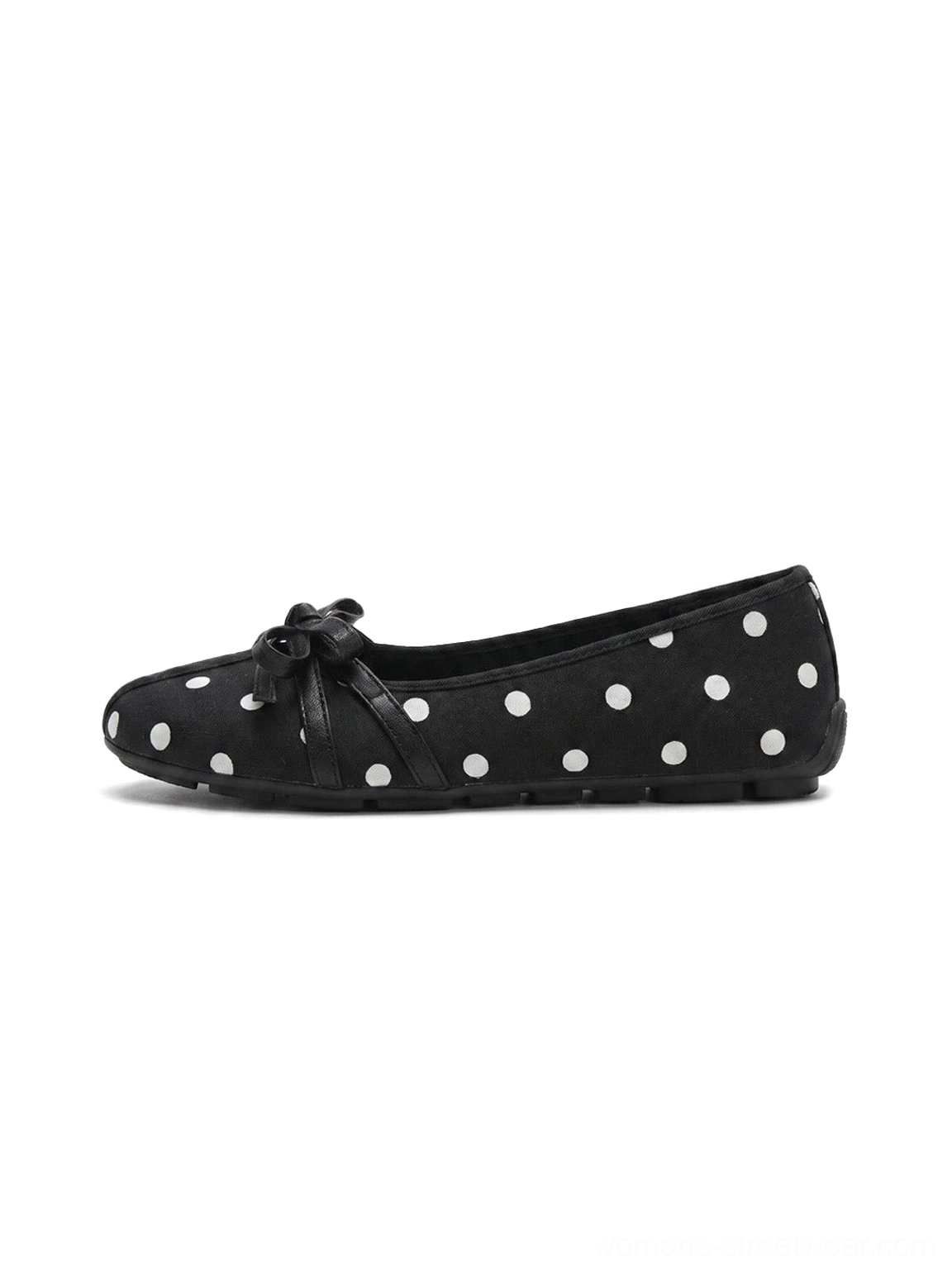 Black polka dot bow Mary Jane ballet flat shown from a top-down view with a rounded toe and delicate front bow