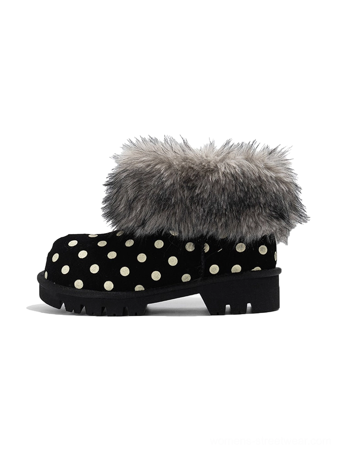 Black polka dot faux fur cuff chunky platform snow boot left side profile on white background