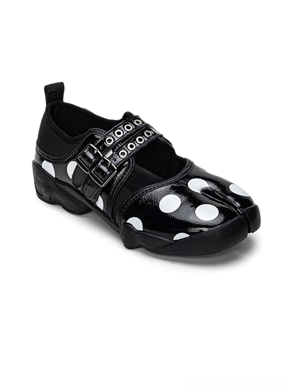 Black polka dot split-toe Mary Jane sneakers with adjustable double buckle straps and flat rubber sole
