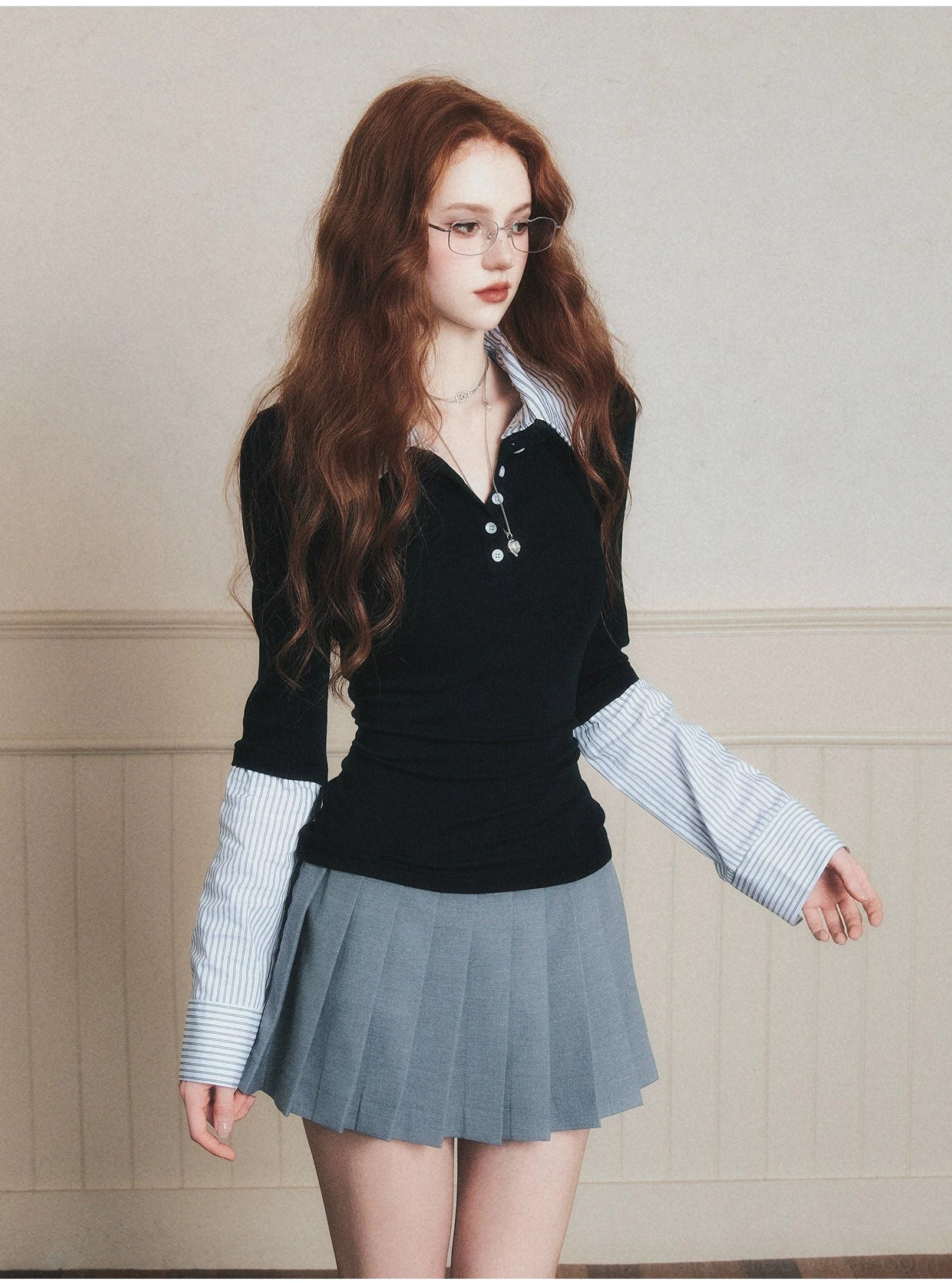 Black preppy streetwear layered polo knit top with striped collar cuffs and Henley button front