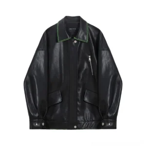 Flat lay view of a black PU leather biker jacket with green stitched collar, zippered chest pocket, snap placket, and flap pockets