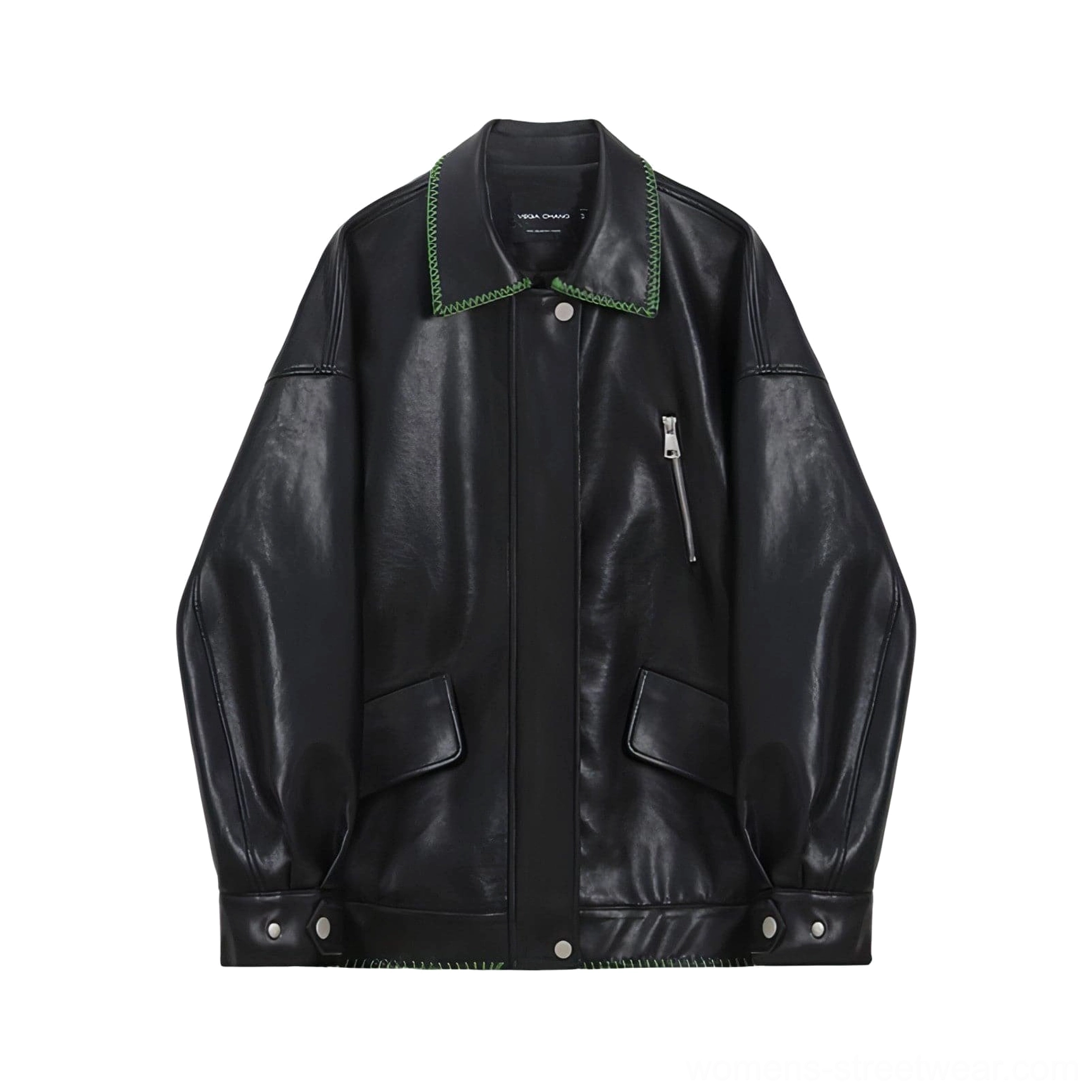 Flat lay view of a black PU leather biker jacket with green stitched collar, zippered chest pocket, snap placket, and flap pockets