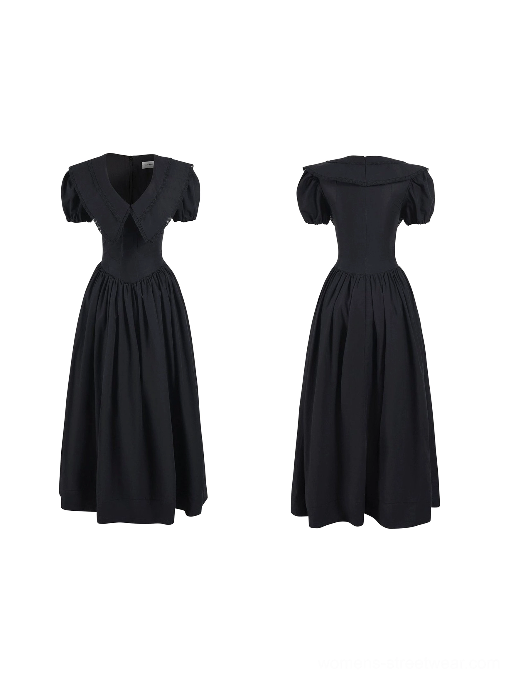 Flat lay front and back view of black puff sleeve V-neck midi dress with bow trim, structured waist, and matte A-line skirt