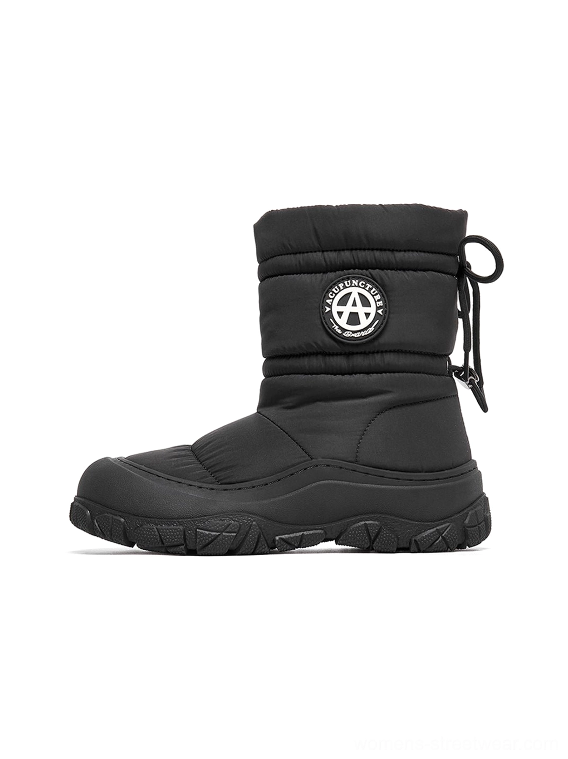 Black women's puffer snow boot colorway with padded synthetic upper, drawstring collar, and chunky winter outsole