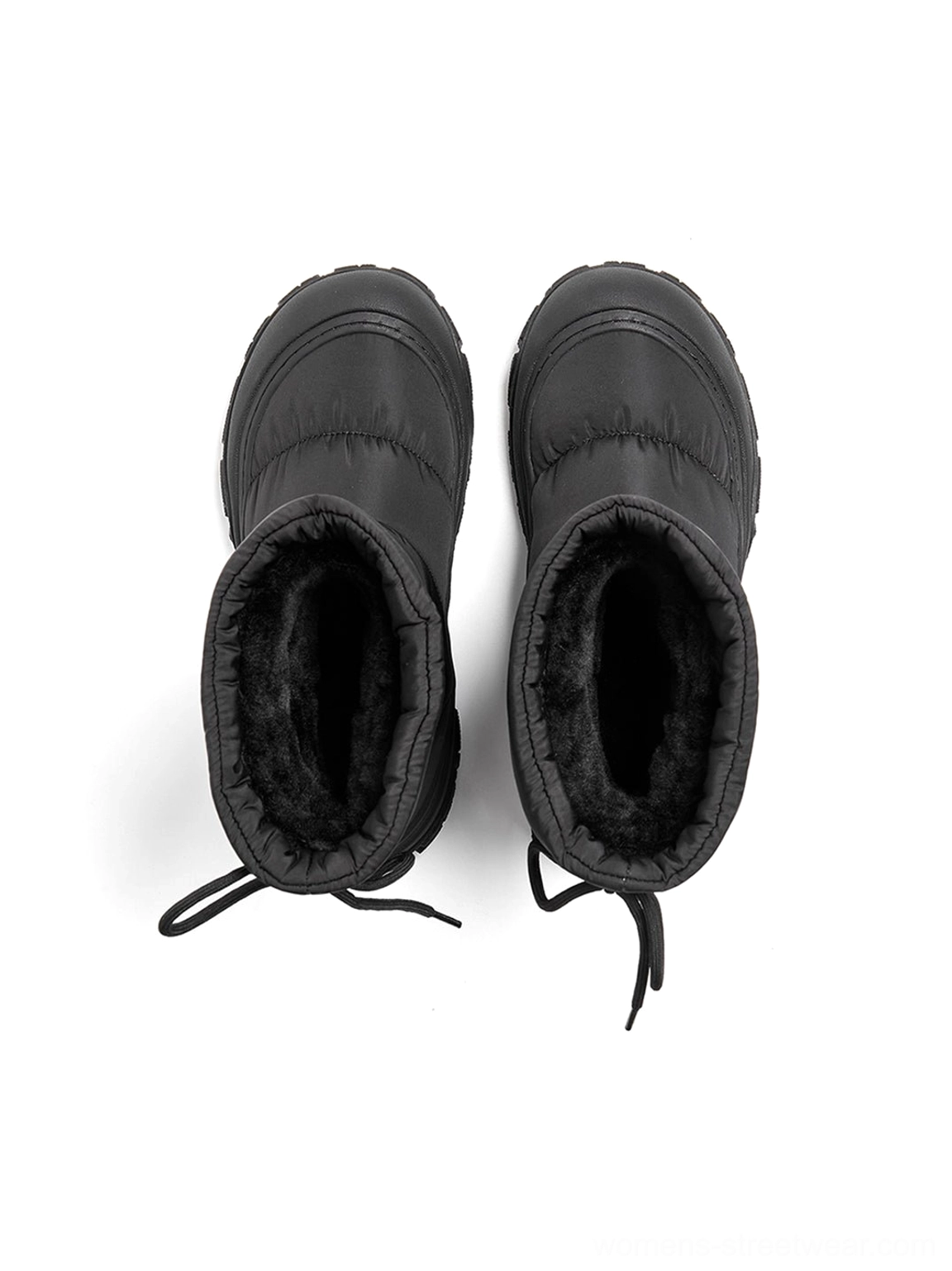Black puffer snow boots with a mid-calf padded shaft, adjustable drawstring closure, and rugged treaded sole
