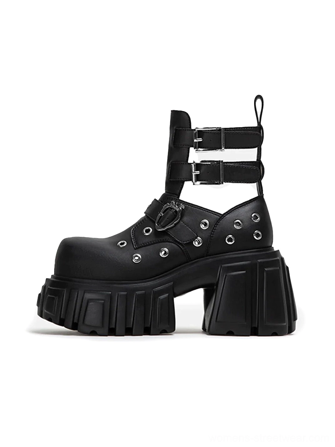Front three-quarter view of black punk cutout platform ankle boots with multiple buckle straps metal eyelets heart-shaped buckles and chunky lug soles