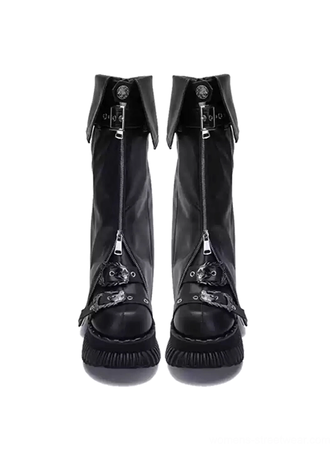 Front view of black punk knee-high platform boots with central zipper, foldover collar, toe chain hardware, and chunky sole