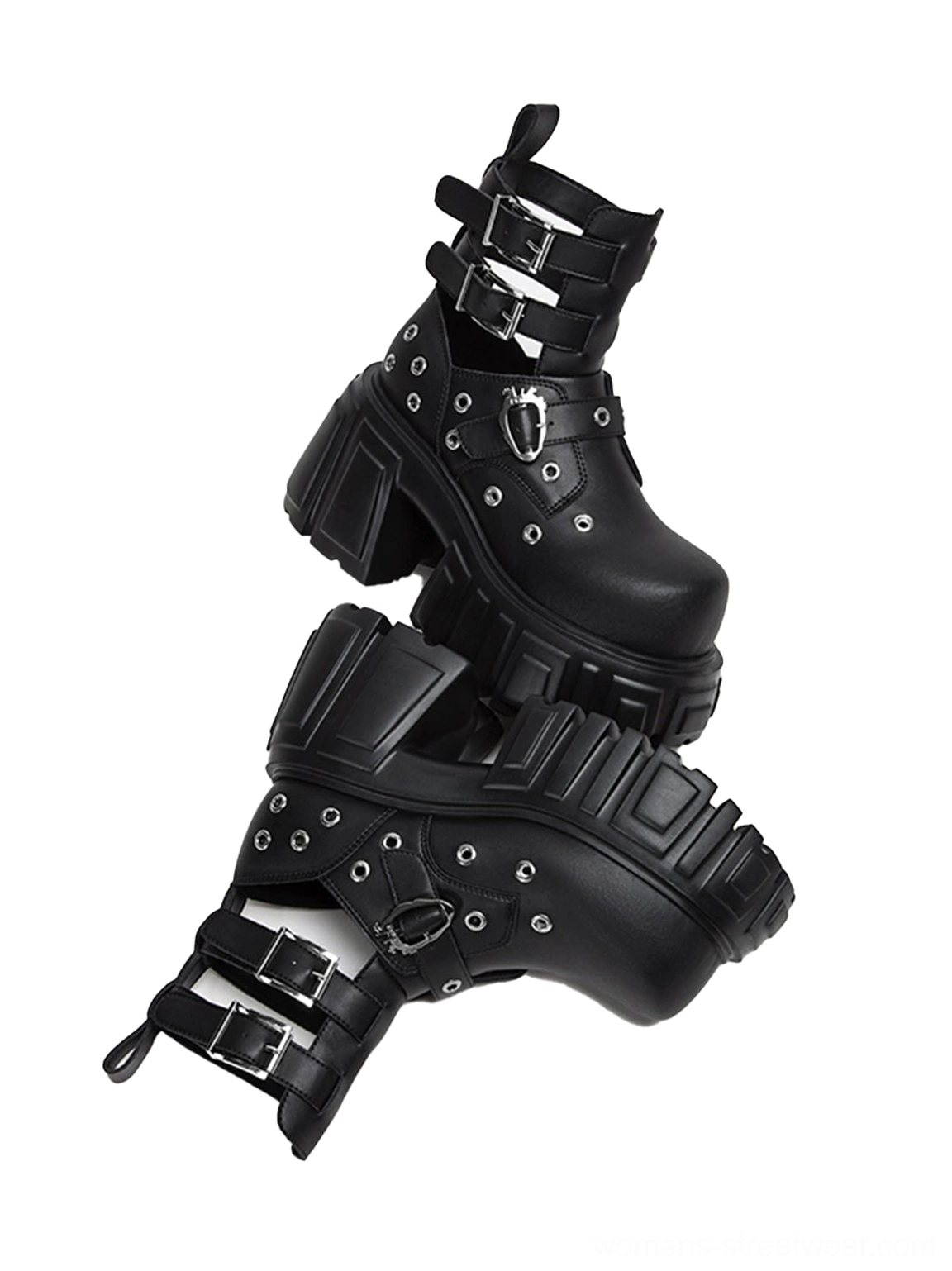 Angled product view of black punk platform boots showing smooth synthetic leather uppers layered buckle straps metal hardware and chunky lug soles
