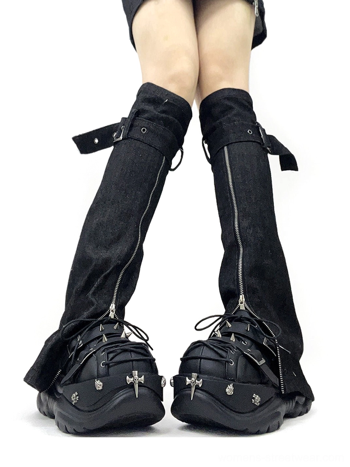Black punk platform sneakers styled with zip-up denim leg warmers, metal studs, cross charms, lace-up cage details, and chunky soles