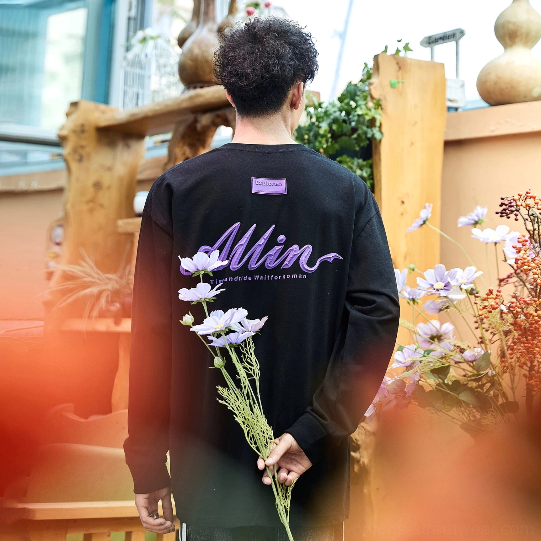 Black and purple letters alpine script oversized cotton long sleeve streetwear tee product view