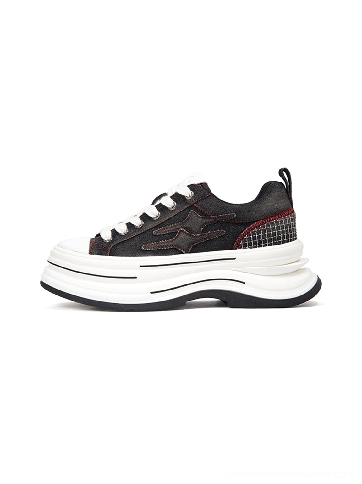 Black red layered canvas platform sneakers shown in left side profile with dark upper, white toe cap, thick 7cm elevated sole, grid heel trim, and red contrast stitching
