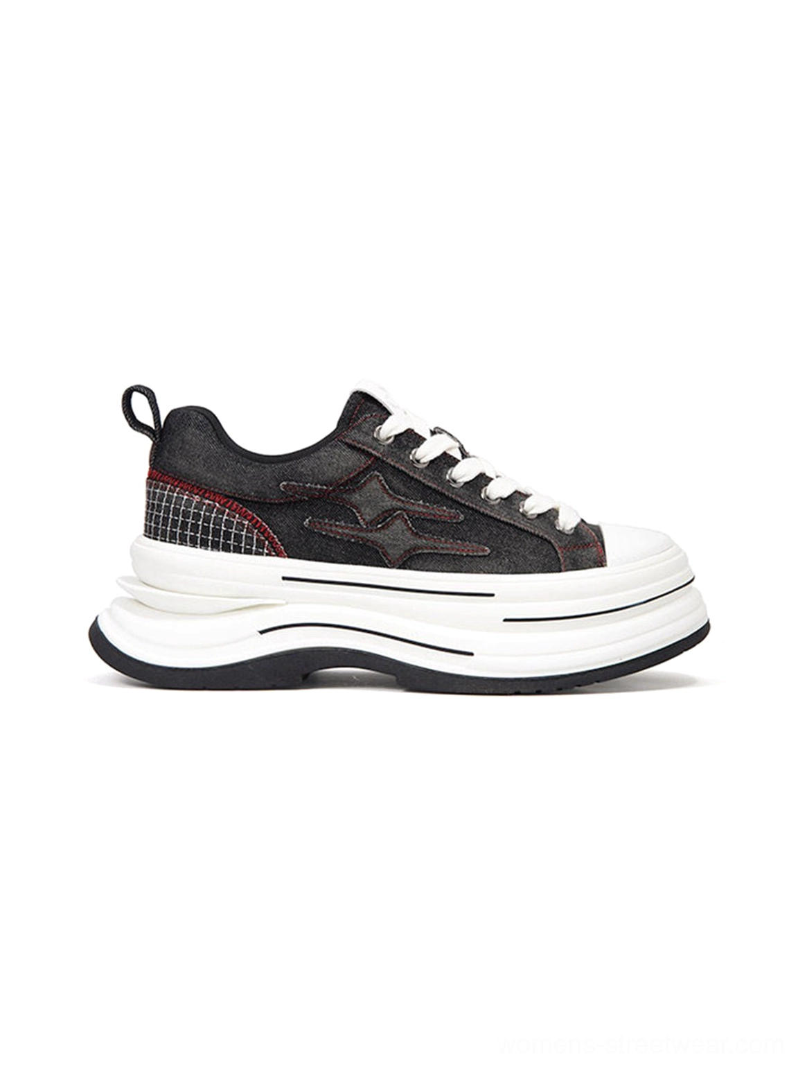 Right side three quarter view of black red layered canvas platform sneakers with denim texture, red heel stitching, pull tab, and chunky sole
