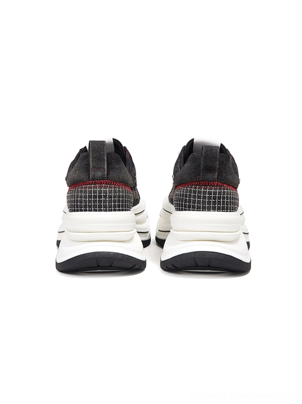 Rear view of black red layered platform sneakers showing grid pattern heel counters, red contrast stitching, white stacked midsole, and black outsole