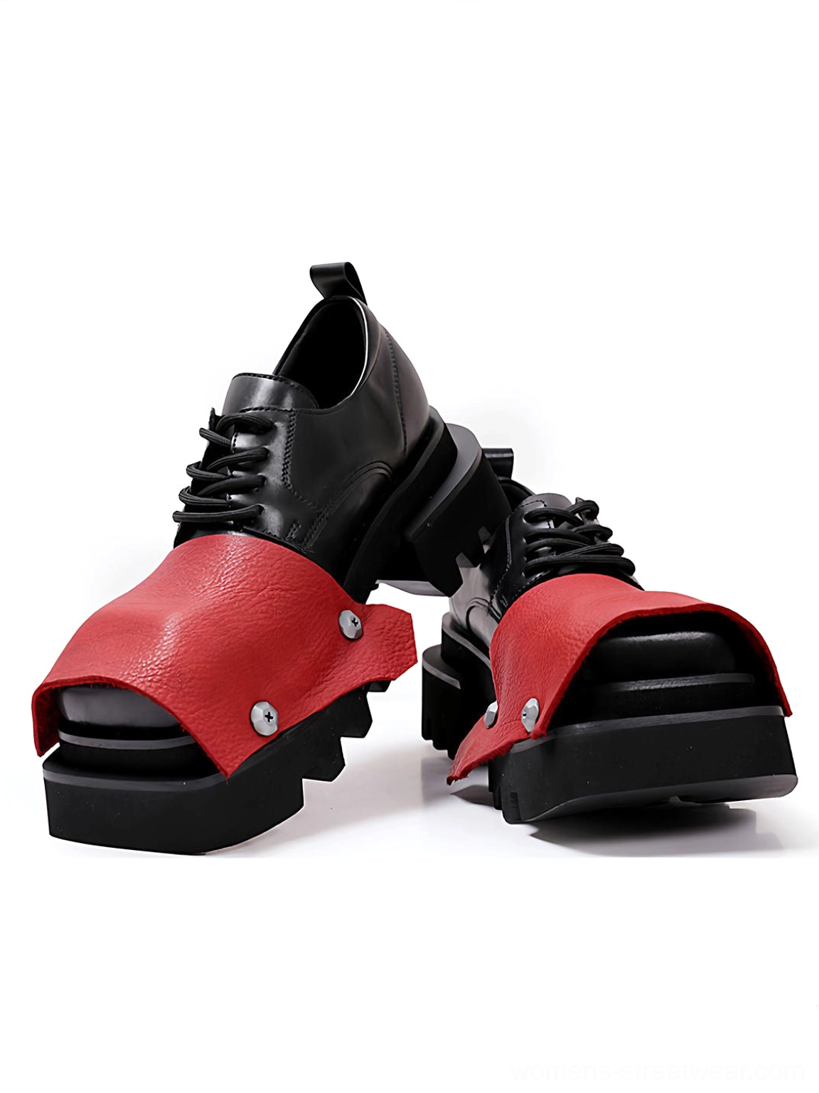 Low angle side view of black and red square-toe derby shoes with rugged chunky platform sole