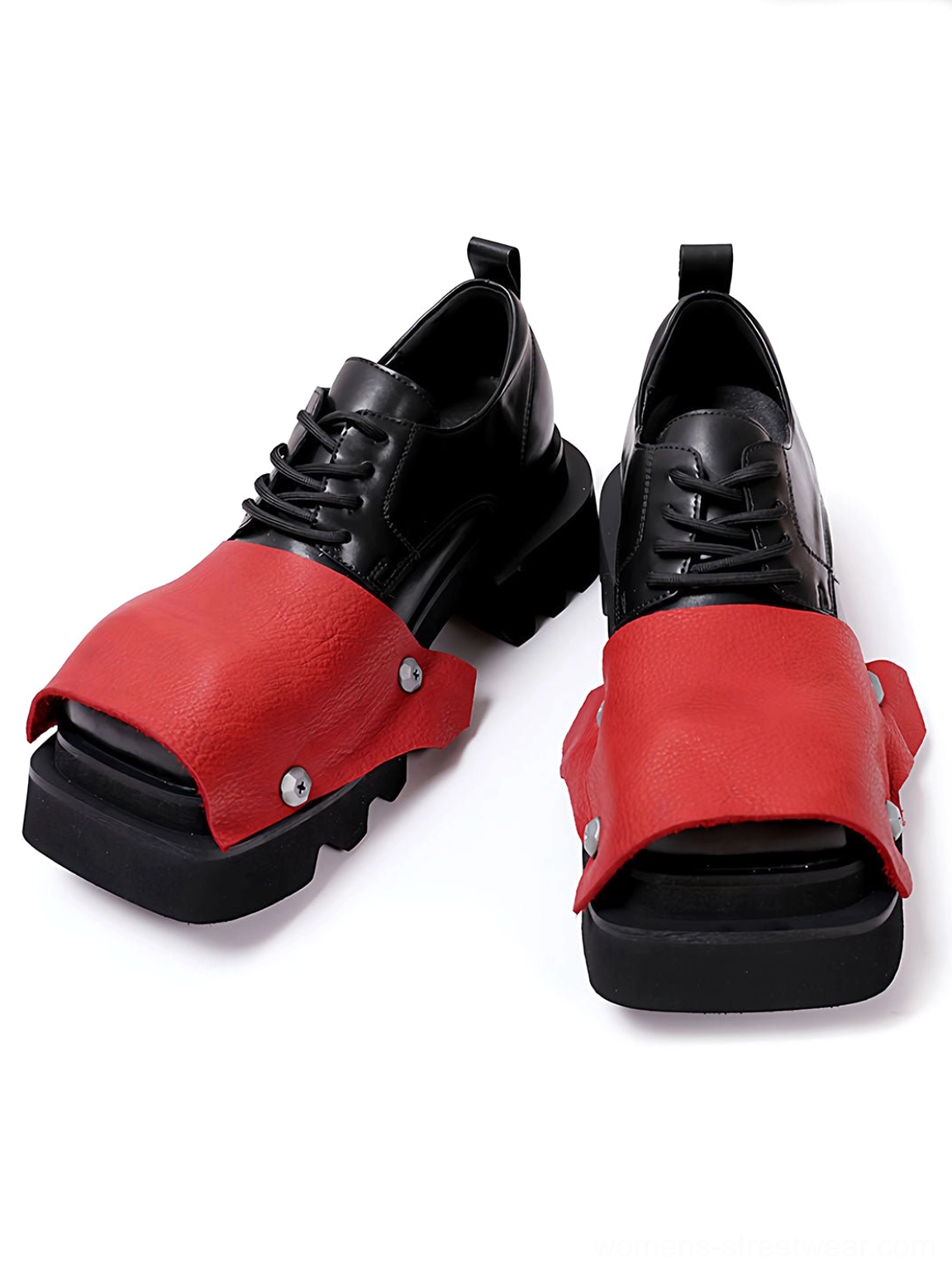 Paired black and red square-toe peep-toe derby shoes with chunky platform lug soles side view