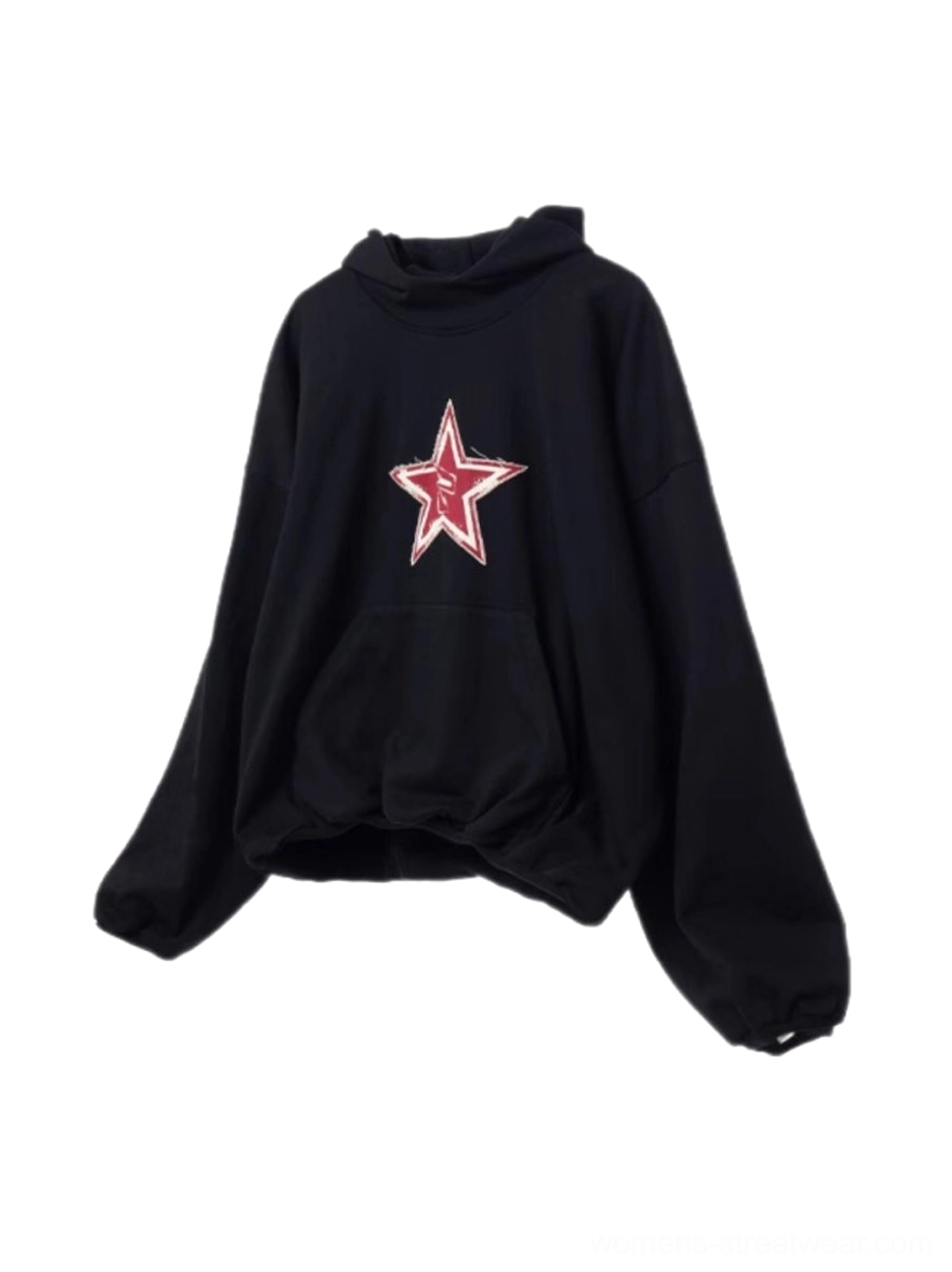 Flat lay of black hooded sweatshirt with kangaroo pocket and distressed red star chest print