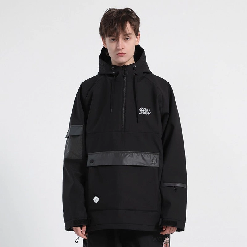 Black reflective hooded ski anorak jacket with half-zip closure, gray sleeve panels, and utility cargo pocket