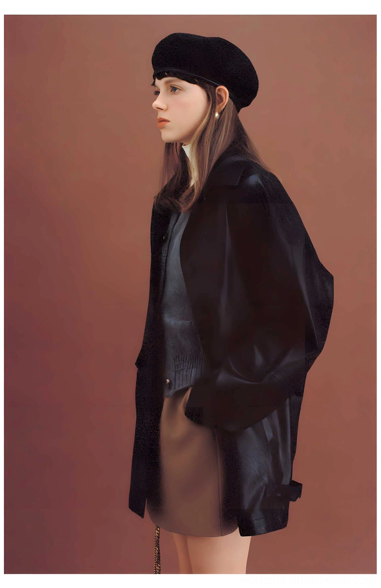 Black retro oversized PU leather moto jacket with button front pointed collar and adjustable side buckle details
