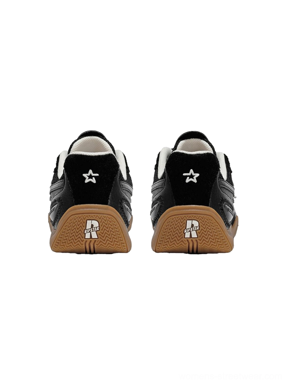 Rear view of black retro running sneakers showing the padded heel, embroidered star detail, layered upper, and gum rubber outsole
