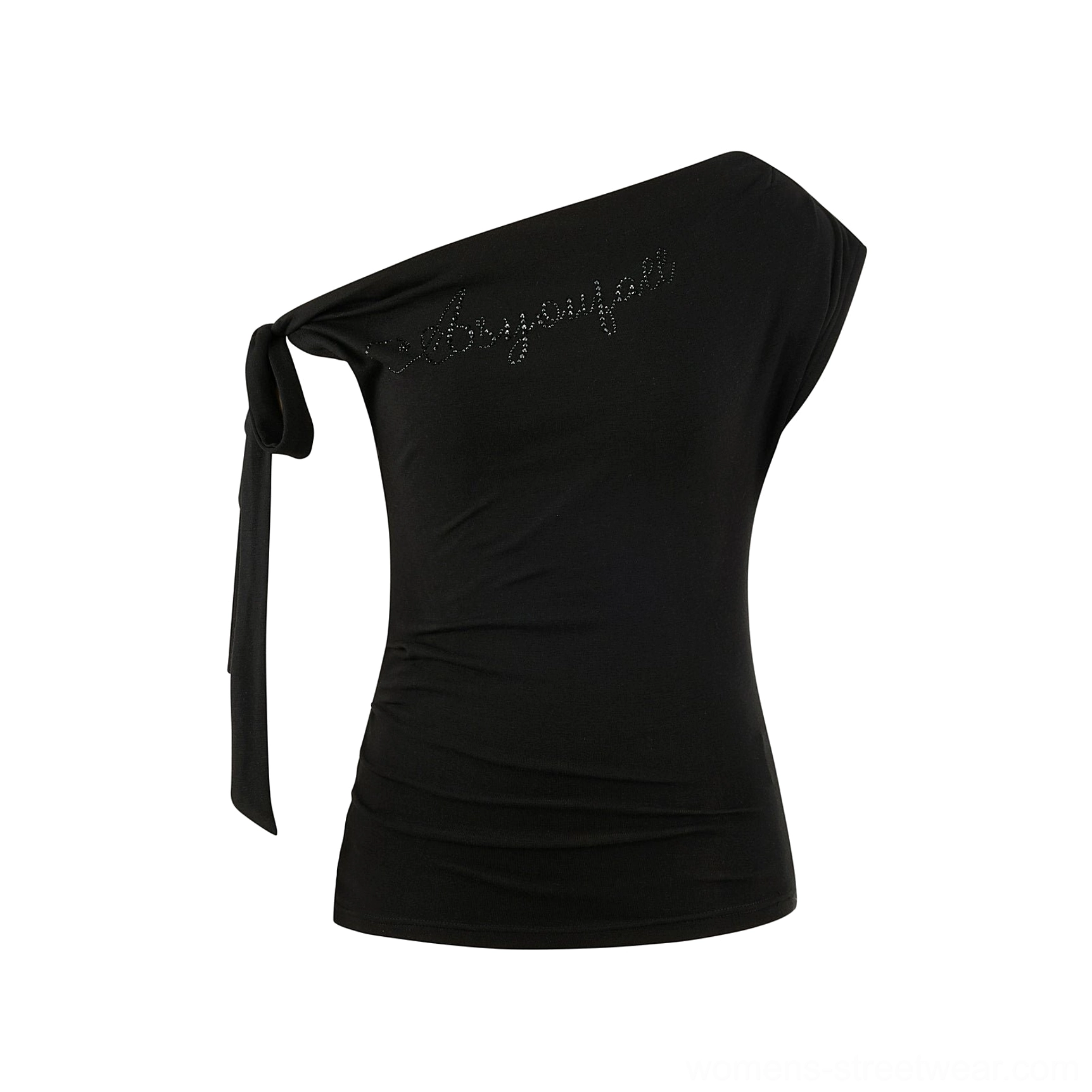Black rhinestone asymmetric one-shoulder slim fit Y2K top with ruched side hem shown as a front flat lay