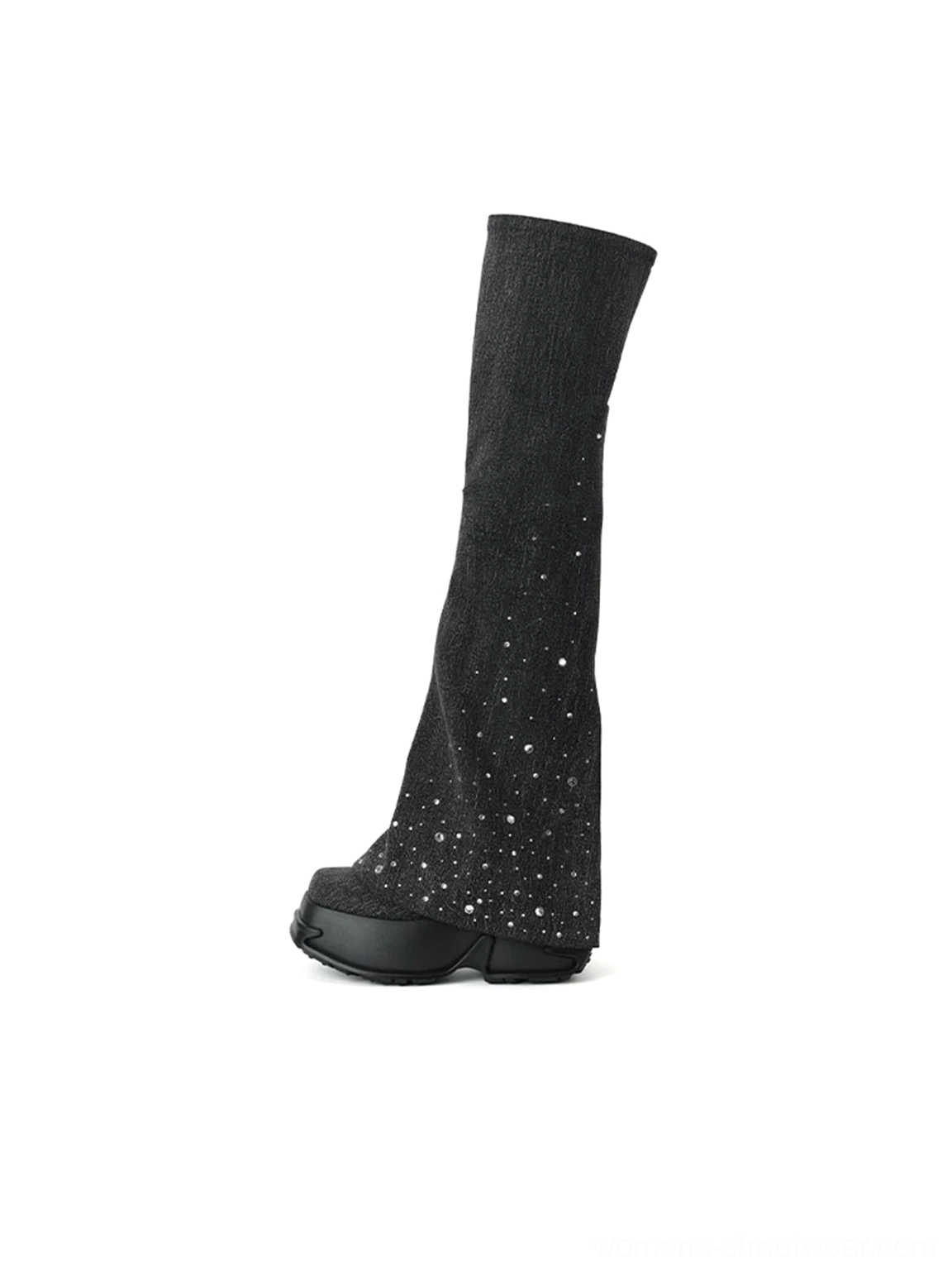 Black rhinestone denim over-the-knee platform boots in left side view with flared shaft and chunky block heel