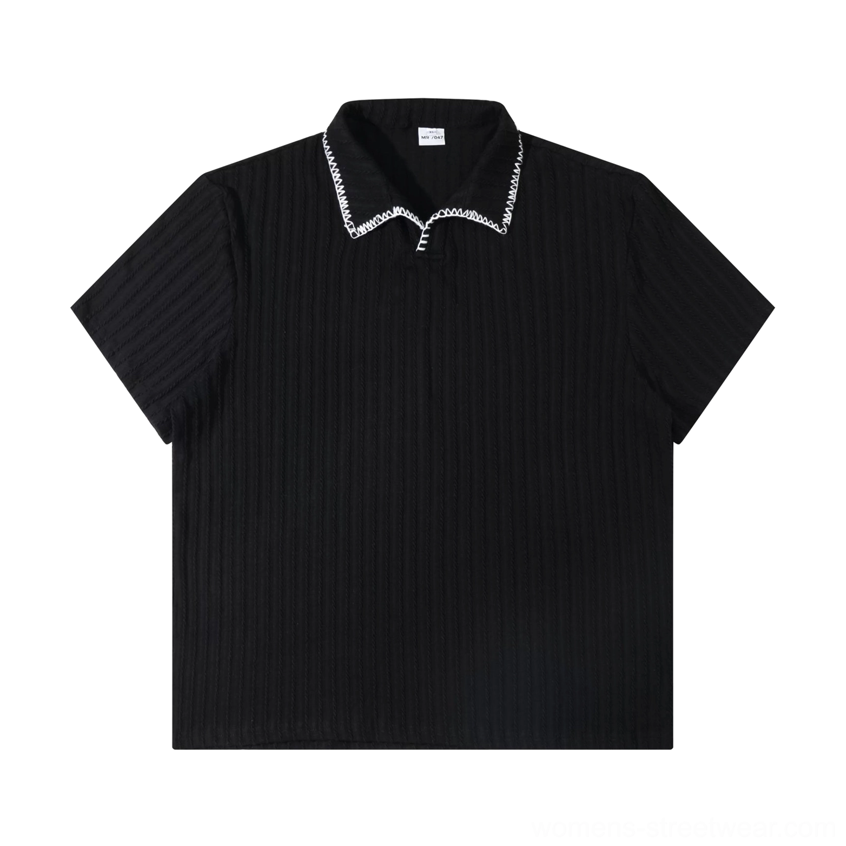 Black ribbed knit polo shirt flat lay showing vertical texture, short sleeves, open collar, and white contrast stitching