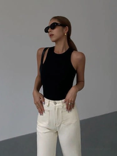 Black ribbed knit tank top product photography professional studio view showing versatile black option