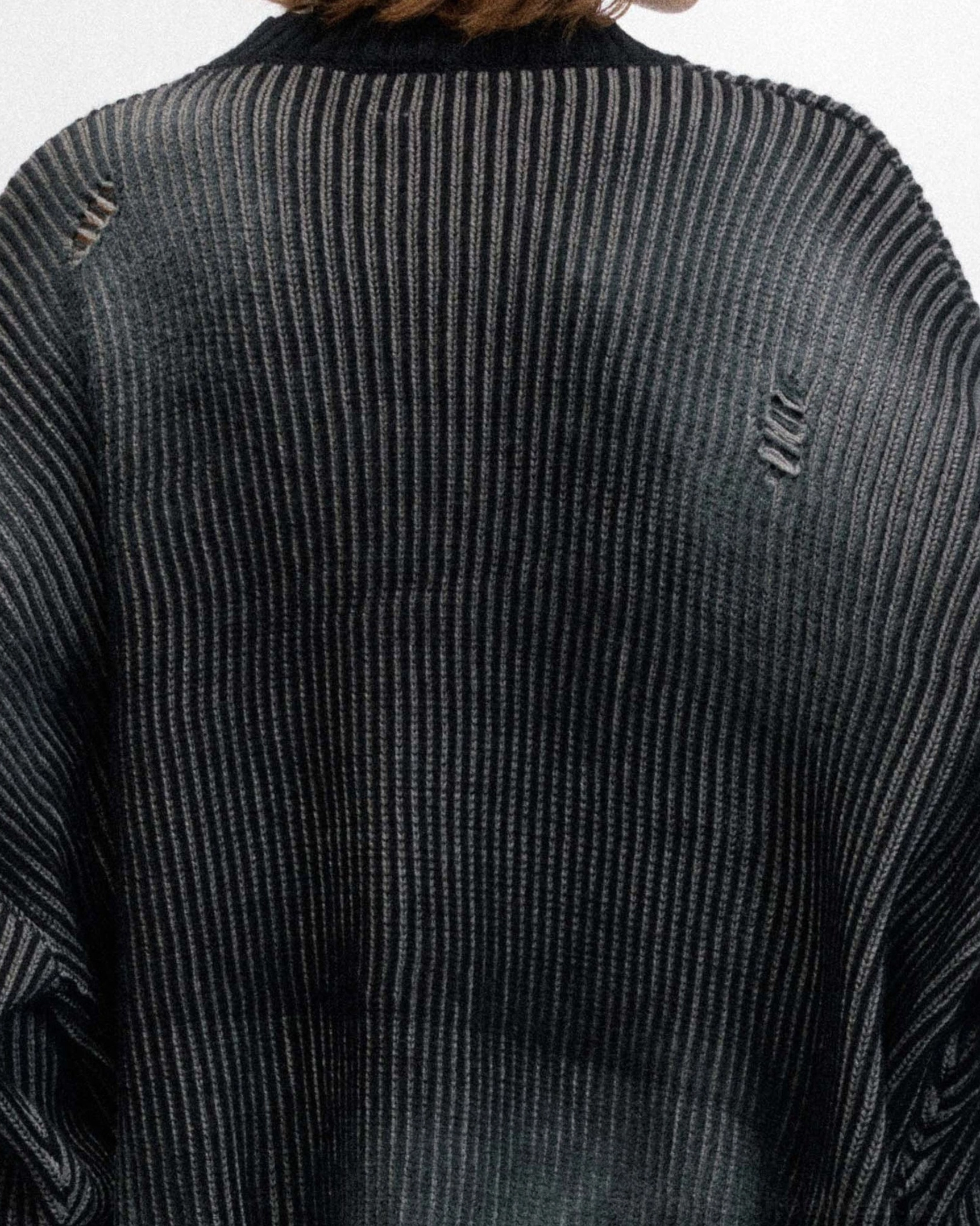 Black ribbed logo sweater with vintage washed finish and relaxed drop shoulder streetwear fit