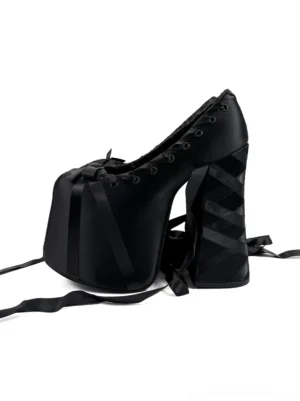 Black ribbon lace 16cm platform ballet pumps shown from the rear three-quarter angle with square toes, oversized block heels, and long ankle ribbons